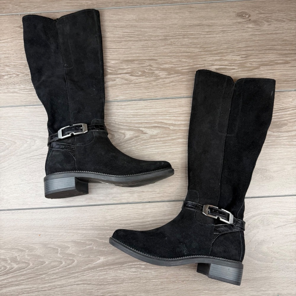 Clarks Womens Maye Aster Suede Tall Buckle Boots Black 7.5 M